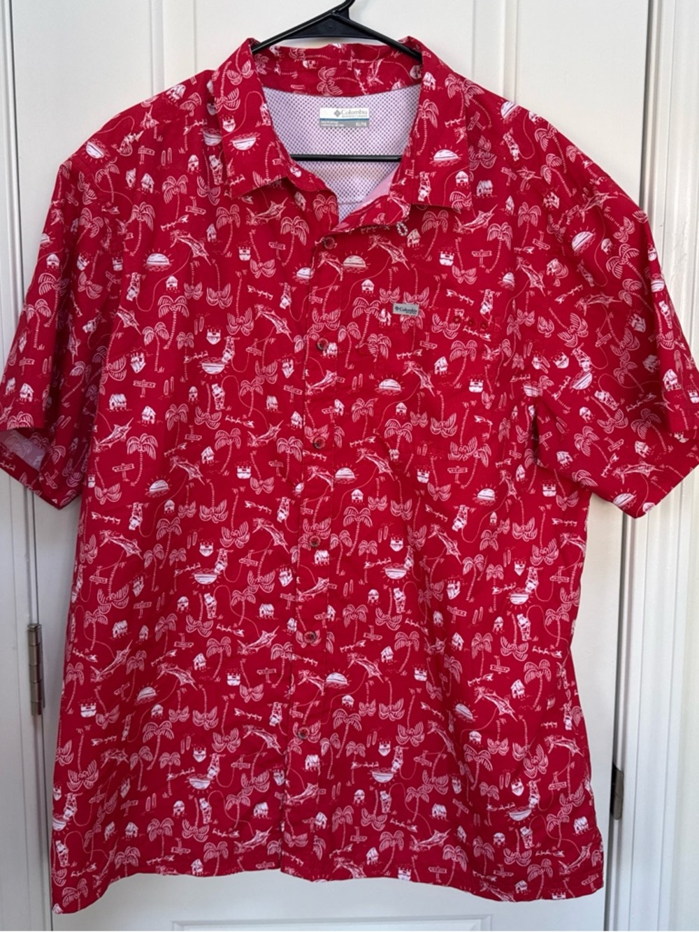 Columbia Red Short-Sleeve Printed Camp Shirt- Santa summer fishing